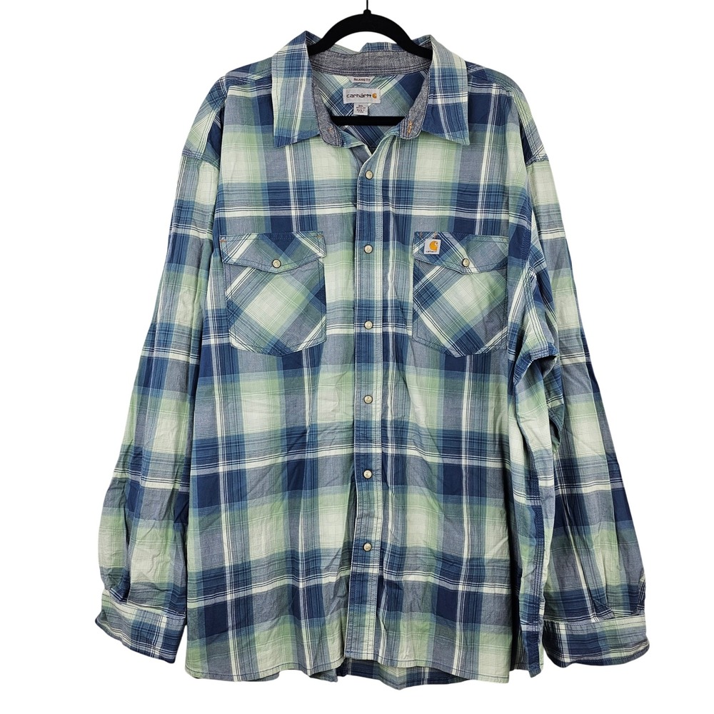 Carhartt Relaxed Fit Flannel Shirt 3XL Blue Green Plaid Long Sleeve Utility